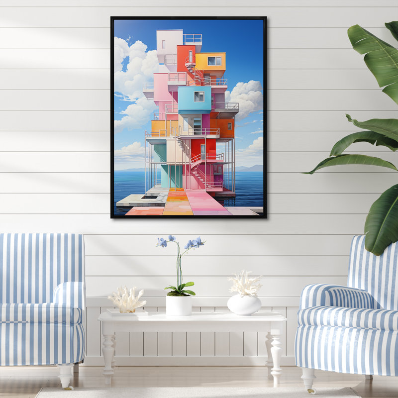 Phare de Stijl Lansdcape II sur toile, Cadre flottant noir, H 44 po x l 34 po x P 1,5 po