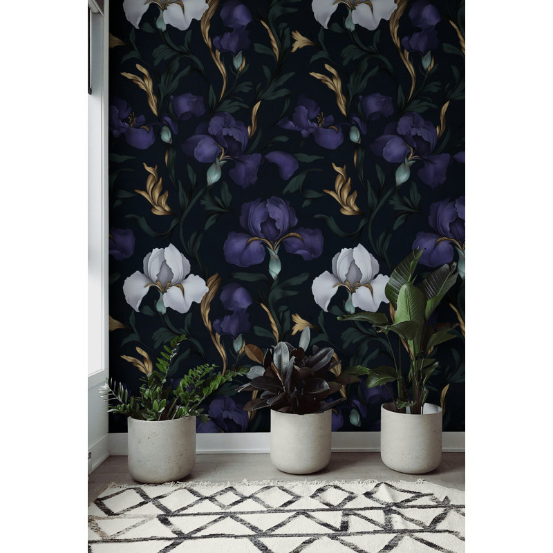 Papier peint iris foncé foncé | Murale florale luxueuse avec reflets dorés