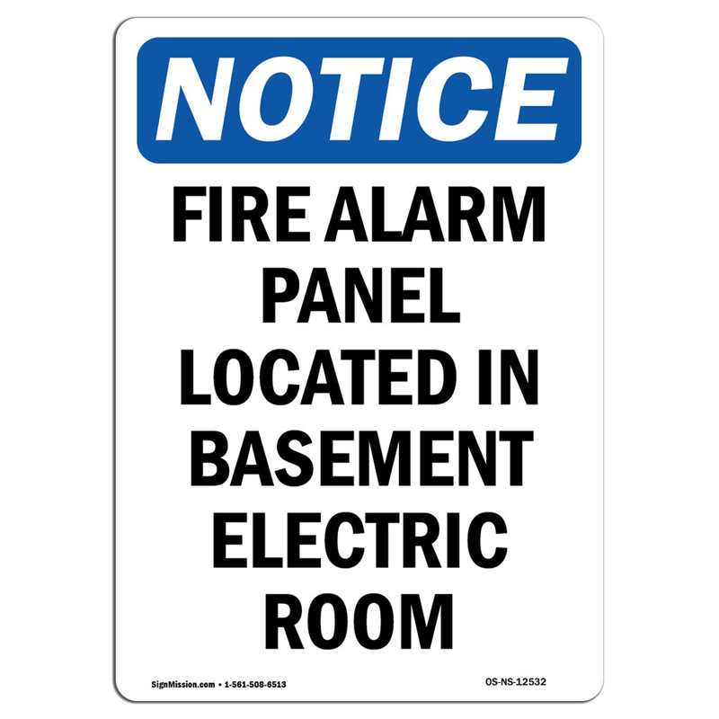 Fire Alarm Panel Located in Basement Sign