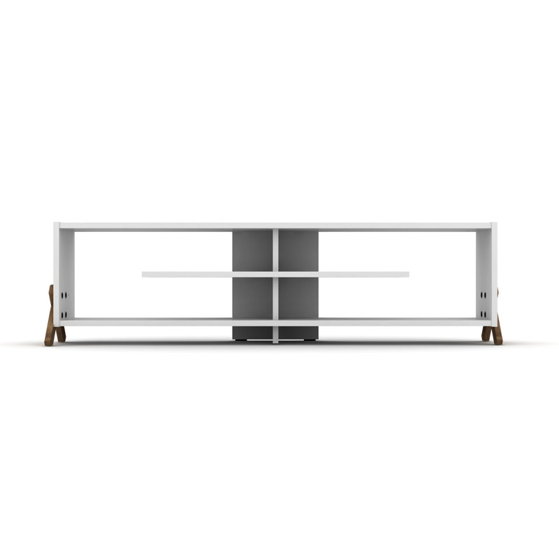 Furnishome Store Mid Century Modern Tv Stand 4 Shelves Open Storage Wood Legs Entertainment Centre 57 Inch Low Tv Unit, Walnut/White