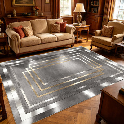 Tapis gris de style Art déco pour le salon, doux et confortable, convient à toutes les saisons, facile à entretenir, tapis de sol intérieur lavable à la machine, sous la table de ferme convenant à la chambre à coucher, à la salle à manger, au bureau, au balcon, au patio
