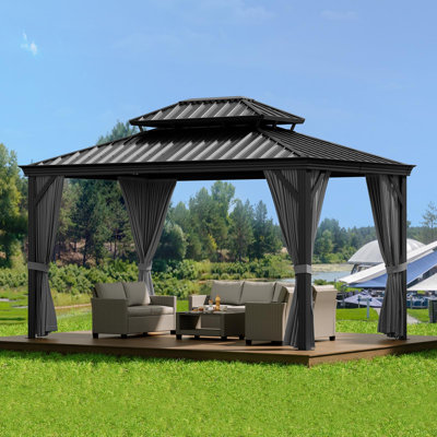 10'x12' Gray Hardtop Gazebo, Aluminum Frame Double Metal Roof Patio Canopy with Curtains & Netting for Backyard Deck