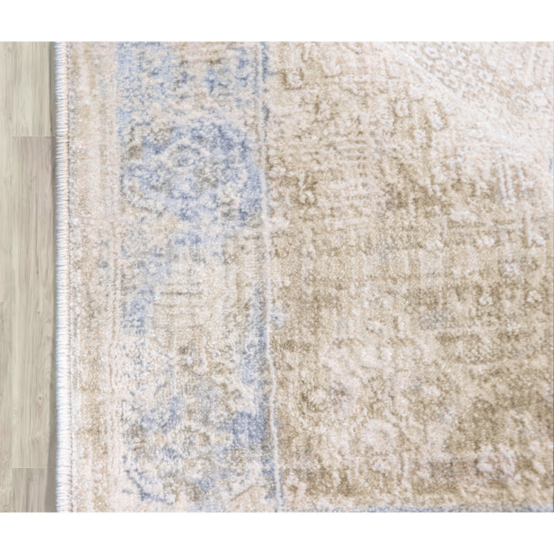 Mona Power Loom Polyester Geometric Area Rug in Beige/Light Blue, Runner 2'2" x 8'