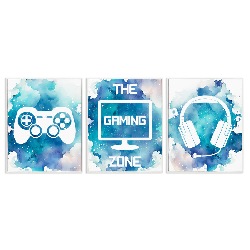 «Blue Gamer Splatters», ensemble de 3 giclées encadrées, design par Marcus Prime, H 14 po x l 11 po