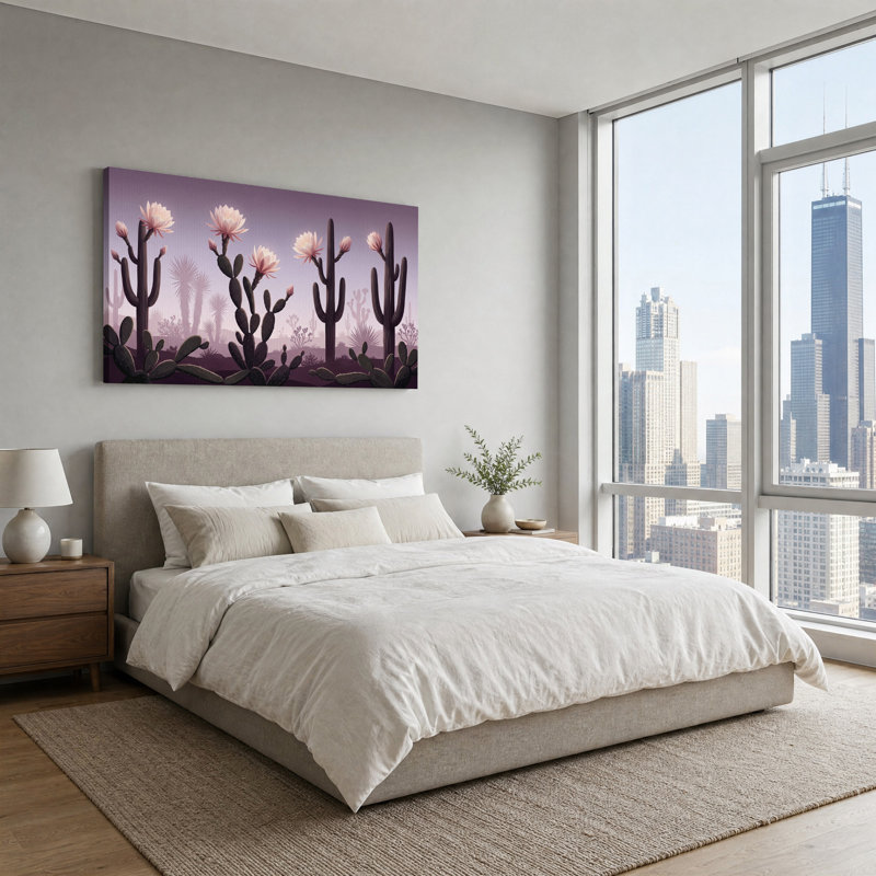 Tableau sur toile représentant des cactus roses en fleurs sur fond de ciel violet, L 40 po x H 20 po