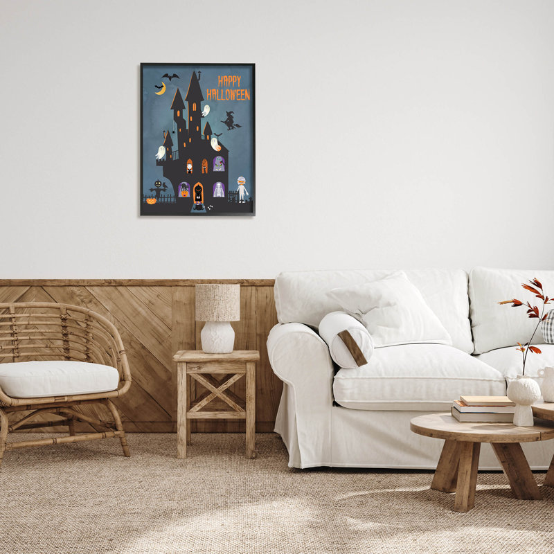 Joyeux Halloween fantôme hanté - 216, H 30 po x l 24 po x P 1,5 po, Giclée encadrée noir minuit