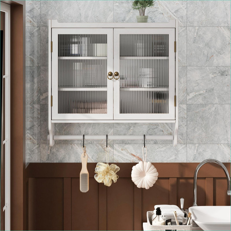 Cabinets | 24.8" Off-White Vintage Solid Wood Glass Double Door Wall Cabinet, 3-Tier Storage with Towel Rack | Traditional | Bathroom