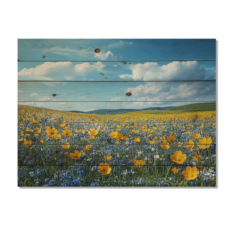 Yellow Daylight Joy Wildflowers II - Wildflowers Wood Wall Art - On Natural Pine Wood, 10" H x 20" W x 0.78" D