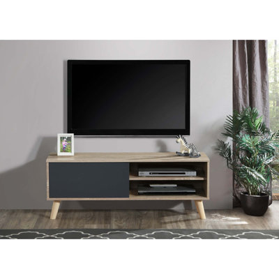 Meuble télé contemporain en imitation bois avec rangement à plusieurs niveaux et armoire