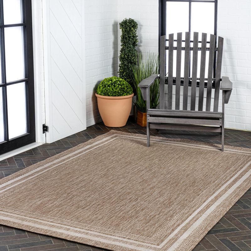 Caherty Lido Traditional Casual Pinstripe Border Beige/Cream Indoor/Outdoor Rug, Rectangle 2'11" x 4'11"