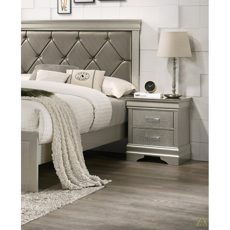Mobilier de chambre à coucher à 1 tiroir de style moderne glam à deux tiroirs en bois massif avec texture de crocodile touffeté au diamant