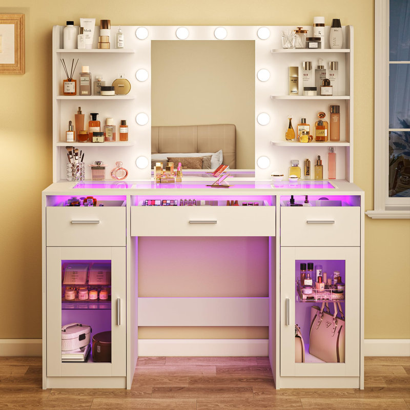 Bureau de coiffeuse avec éclairage réglable Melanni, bureau transparent, prise de courant, Blanc