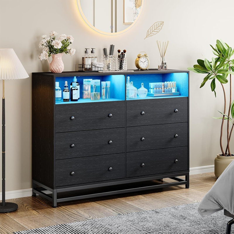 Commode moderne à 8 tiroirs et meuble télé avec éclairage à DEL RVB et prise de courant intégrée, Noir