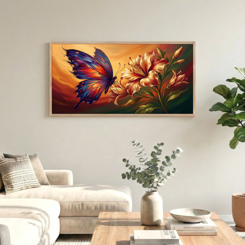 Tableau encadré sur toile, motif papillon et fleur, 1 pièce, 147 x 71 cm, 58 po x 28 po