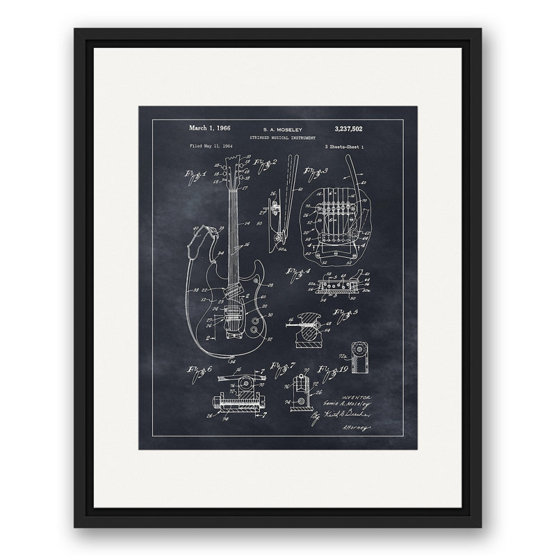 Guitare brevetée, toile flottante encadrée, H 21,75 po x l 17,75 po x P 1,75 po, Cadre flottant noir