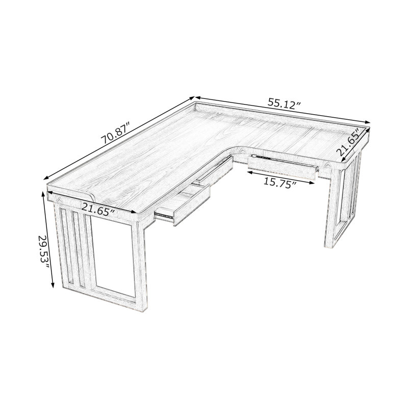 Bureau en bois massif brun en forme de L avec 3 tiroirs, H 29,53 po x l 70,87 po x P 55,12 po, Orienté à droite