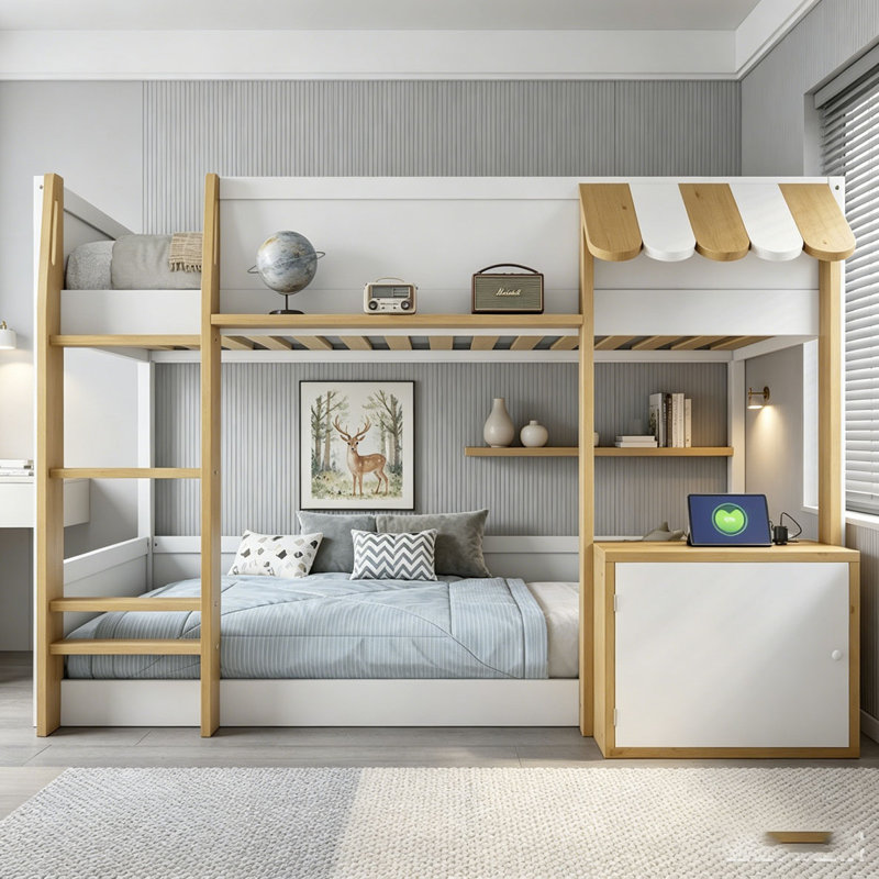 Lit superposé simple au-dessus de simple avec bureau et ports USB