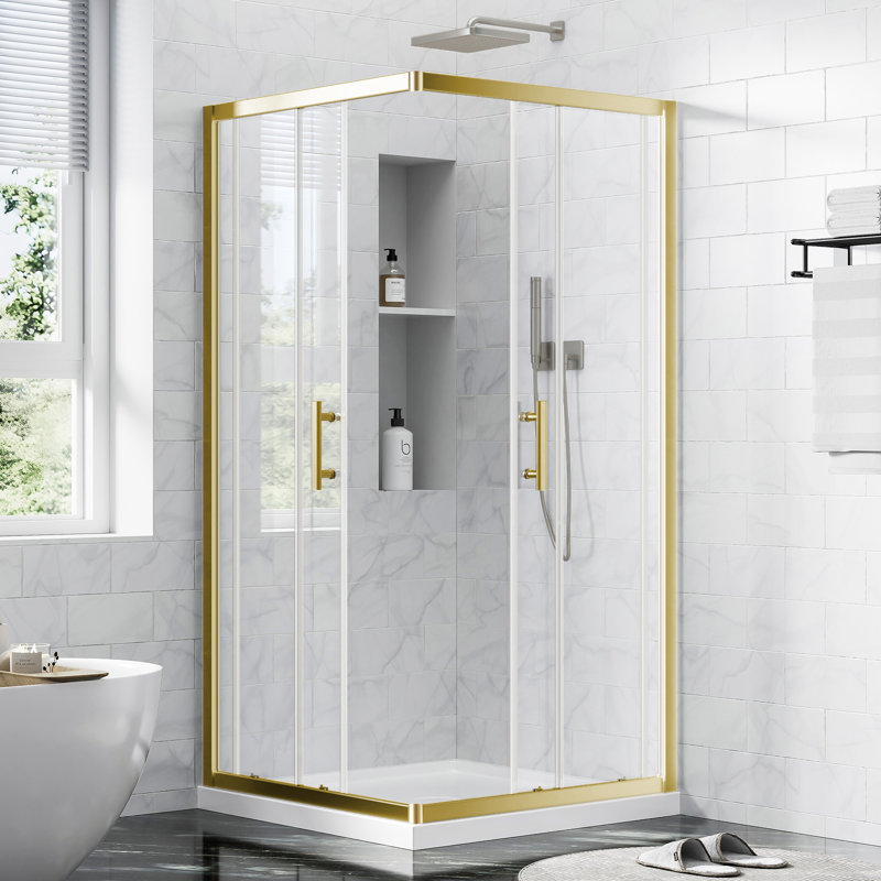Cabine de douche d'angle 36 "x 36" x 72 "avec portes coulissantes doubles, verre trempé 1/4" avec film de sécurité, largeur réglable et conception imperméable or