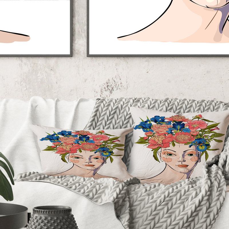Portrait d'une femme avec une guirlande de fleurs rouges I - Coussin décoratif imprimé moderne