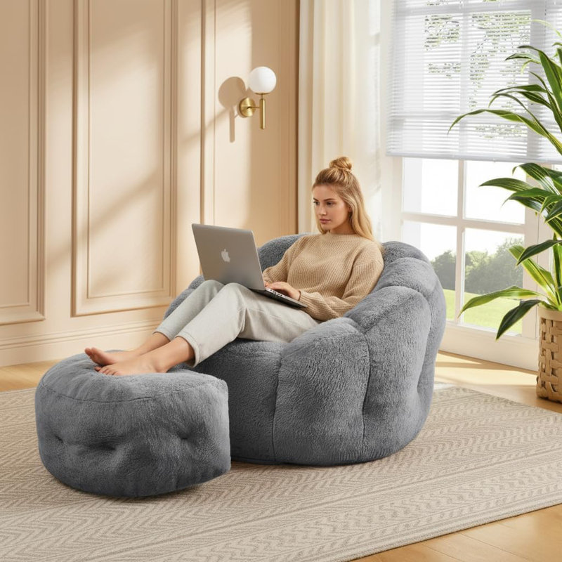 Wilder 46" Faux Rabbit Fur Bean Bag Chair & Ottoman - Luxurious Cozy Seating, Pink Faux Fur