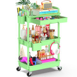 3 Tier Rolling Cart with Drawer & Lockable Wheels, Plastic Shelf Storage Organizer Cart