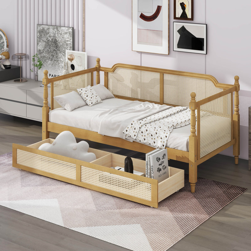 Traditional Style Rattan Daybed With 2 Drawers, Twin