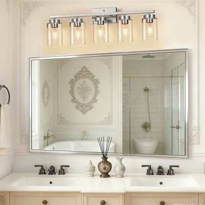 Luminaire de meuble-lavabo moderne, éclairage de salle de bain 5 lumières en nickel brossé avec abat-jour en verre transparent, finition antirouille pour miroir, chambre à coucher, salon et couloir