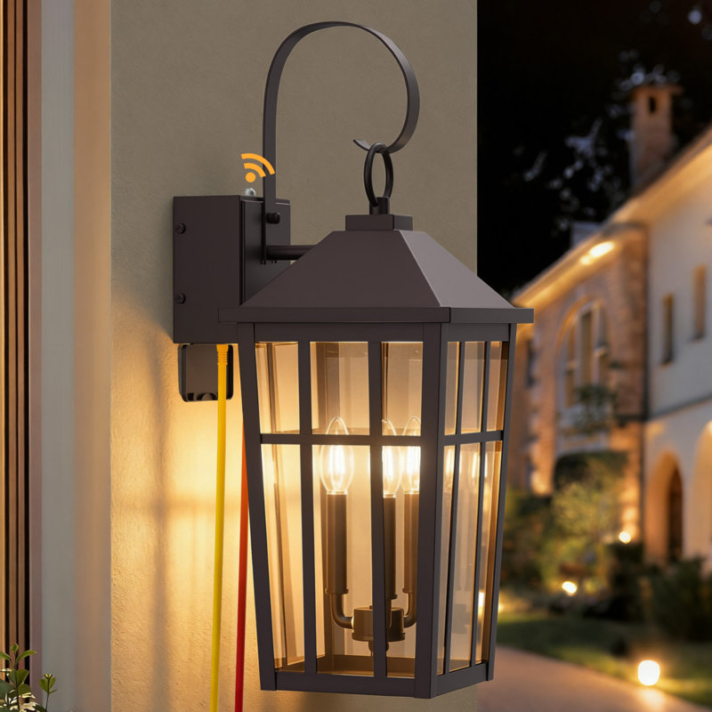 Abner Oil Rubbed Bronze Iron Clear Tempered Glass Outdoor Wall Light With Dusk To Dawn And Built-In Gfci Outlet