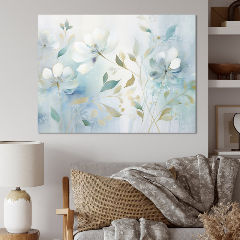 «Blue Botanical Rhythms I», art mural abstrait sur toile, Toile tendue, H 24 po x l 32 po x P 1 po