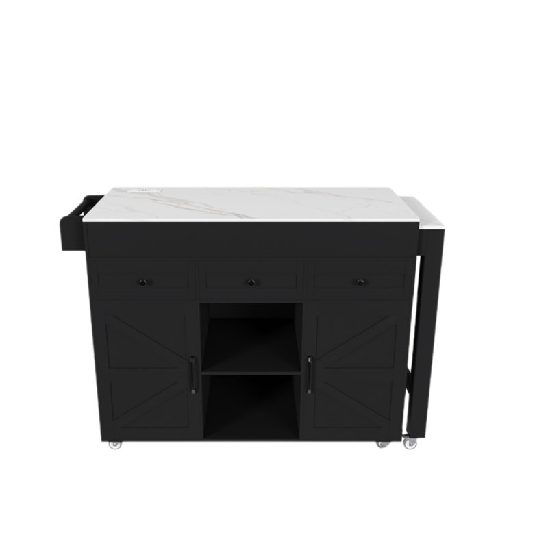 Îlot de cuisine avec table de salle à manger extensible, comptoir en marbre et chariot de rangement mobile avec prises de courant intégrées