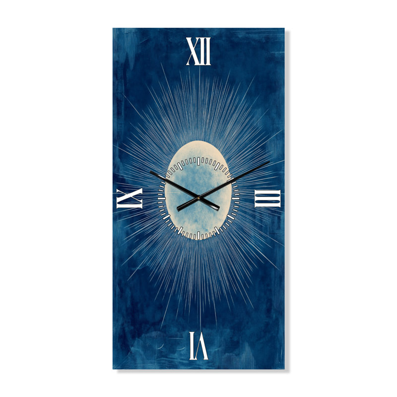 Rayons de soleil en bleu de Prusse II - Grande horloge murale de style milieu du siècle, H 32 po x l 16 po - Rectangle