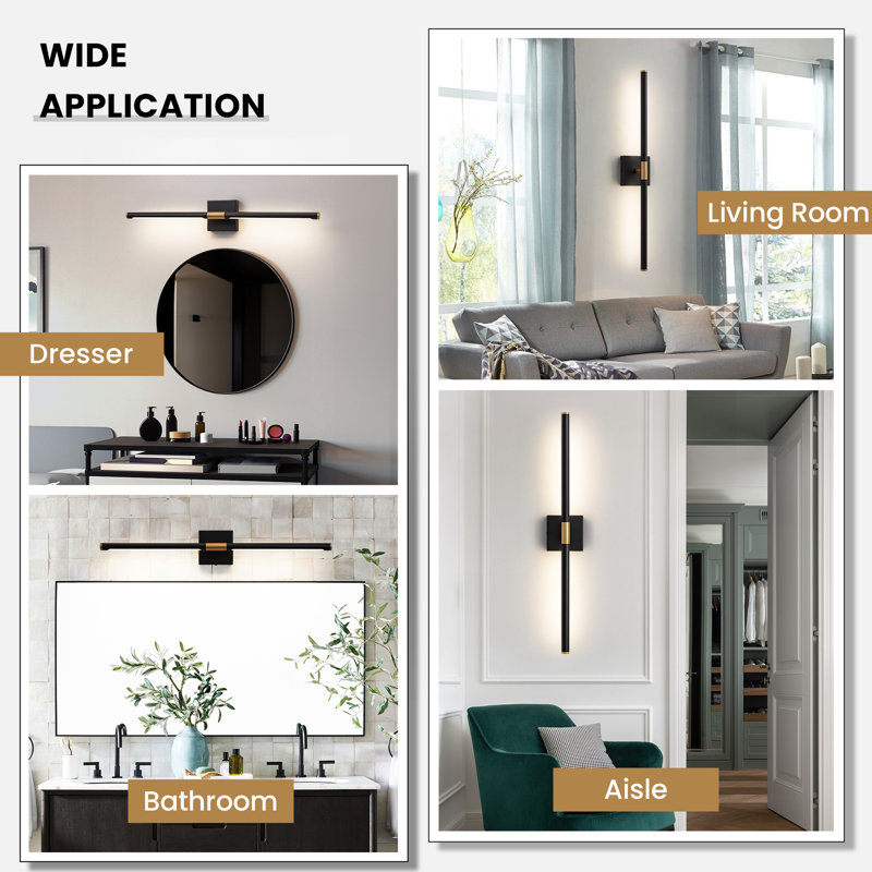 Fiza Vanity Light Fixture LED (Horizontal and Vertical), 30" H x 4.7" W x 3.6" D, Black/Gold