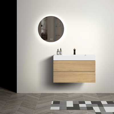 Armoire de rangement 36 po pour salle de bain - Chêne, lavabo noir, système de tiroir de salle de bain moderne