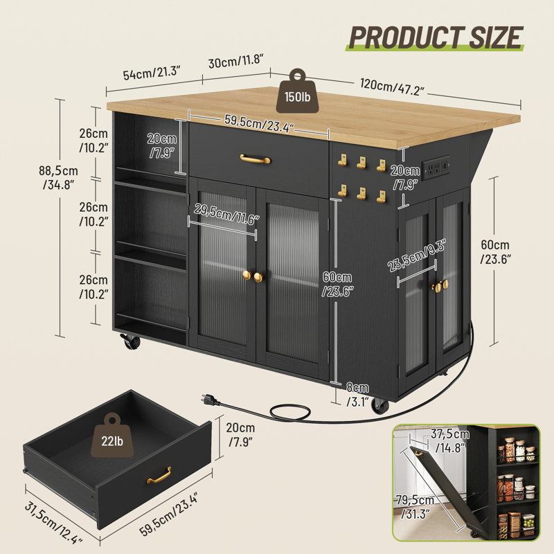 Kitchen Island With Drop-leaf And Charging Station, Mobile Kitchen Cart With Wheels, 2 Storage Drawers, Trash Cabinet, 3-tier Open Shlves