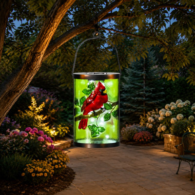 Waterproof Cardinal Solar Hanging Lantern | Raised Cardinal Art, Colorful Fused Glass, Warm Dusk Glow, Solar Auto On/Off, Hangs or Stands on Patio, Porch & Garden