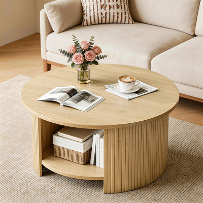 Table basse ronde 31,5 "fabriquée à la main avec rangement en bois massif cannelé