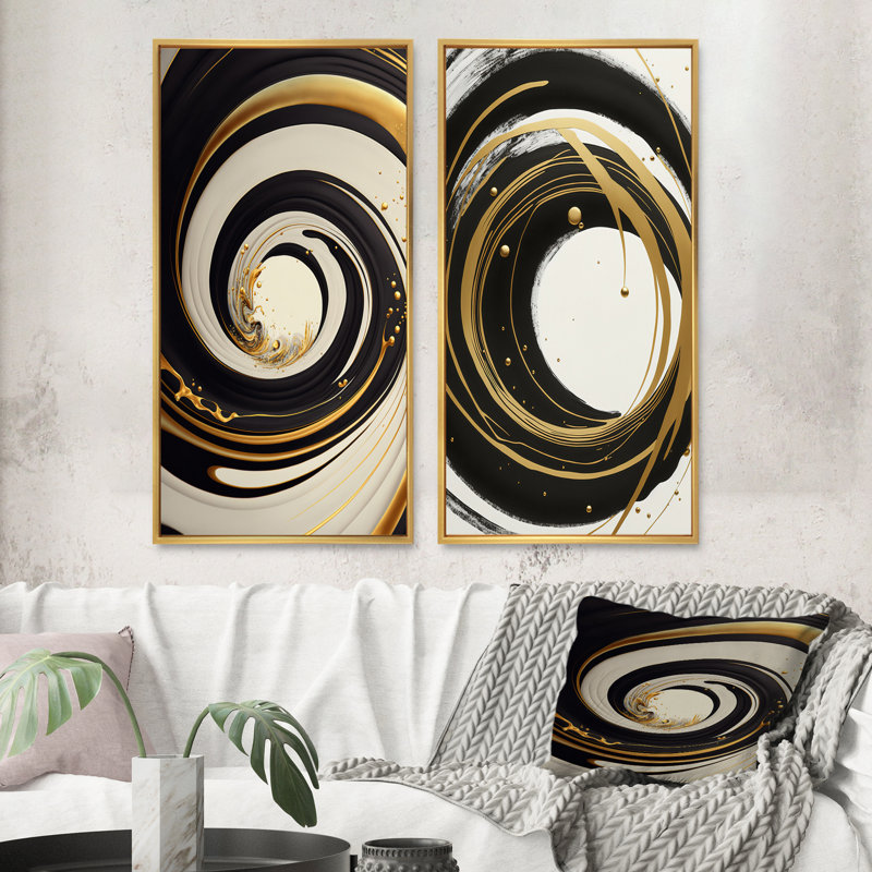 «Black, Silver and Gold Blirl Swirls», 2 pièces sur toile, Encadrement doré, H 20 po x l 24 po
