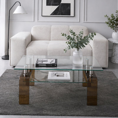 Table basse en verre trempé, table basse moderne en verre pour le salon, table basse à 2 niveaux avec pieds bruns