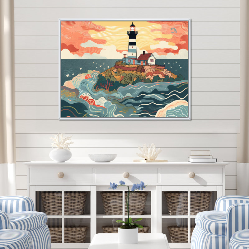 " Coastal Guiding Light I ", 16" H x 32" W x 1" D, White Floater Framed
