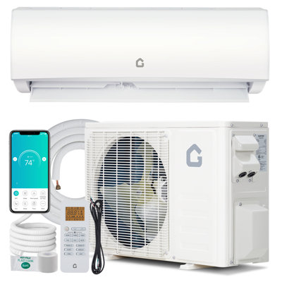 9 000 BTU 20 SEER2 Climatiseur et chauffage à deux blocs, thermopompe inverseur sans conduit avec WiFi / Alexa, fixation murale silencieuse, préchargée, installation facile, 230 V, refroidit et chauffe jusqu'à 450 pieds carrés, blanc