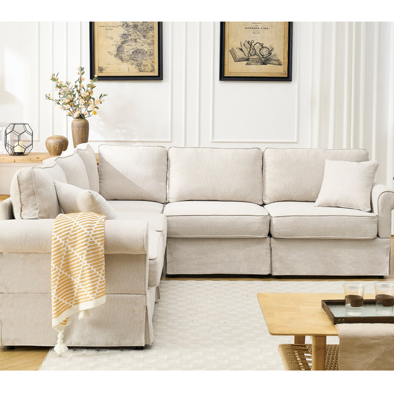 Canapé modulaire en L à 5 places avec revêtement en tissu moelleux beige et structure de soutien solide, Beige