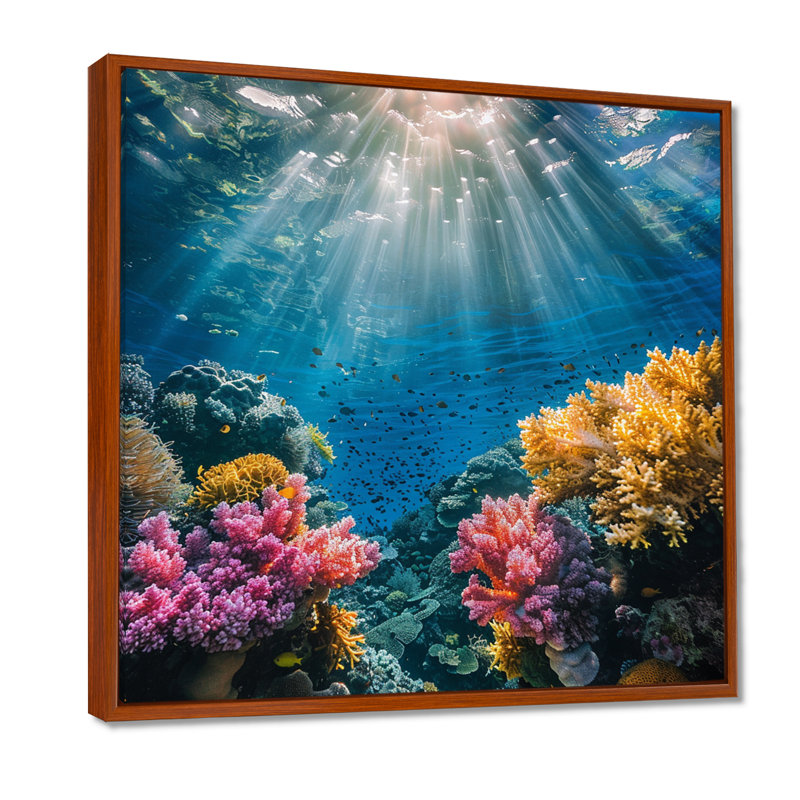 «God Rays in Deep Ocean» - art mural corail sous l'eau, Cadre flottant brun, H 16 po x l 16 po
