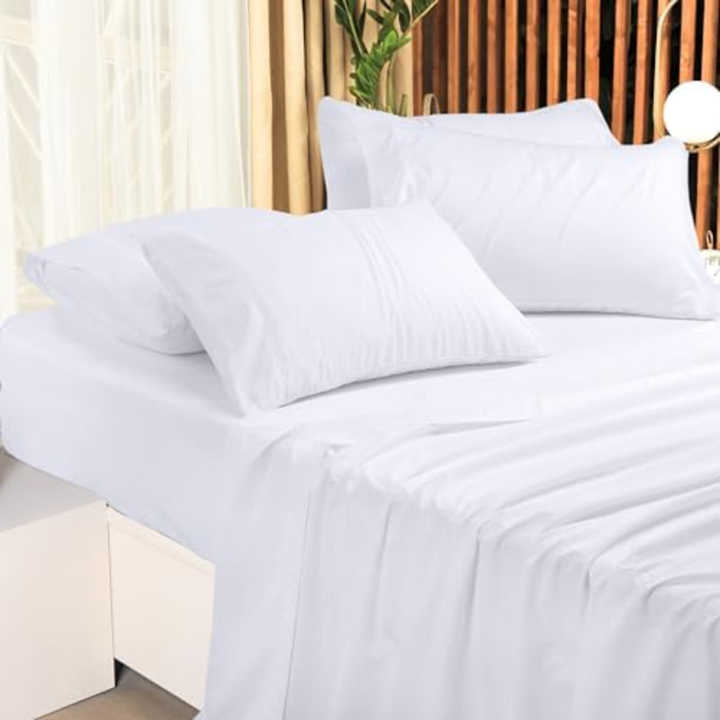 Ensemble de draps 4 pièces pour draps doubles, draps de luxe, extra doux, froids et résistants à la décoloration (blanc)