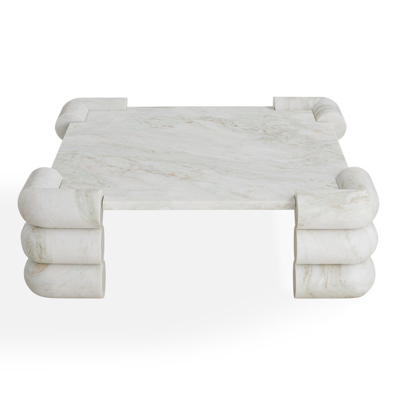 Oversized White Marble Square Coffee Table with Stacked Cylinder Legs