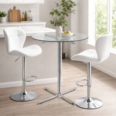 Ensemble de table de bar ronde en verre trempé avec 2 tabourets de bar pivotants à hauteur réglable, table de bistro moderne à hauteur de comptoir avec chaises de bar rembourrées pour la cuisine, coin-repas, bar personnel