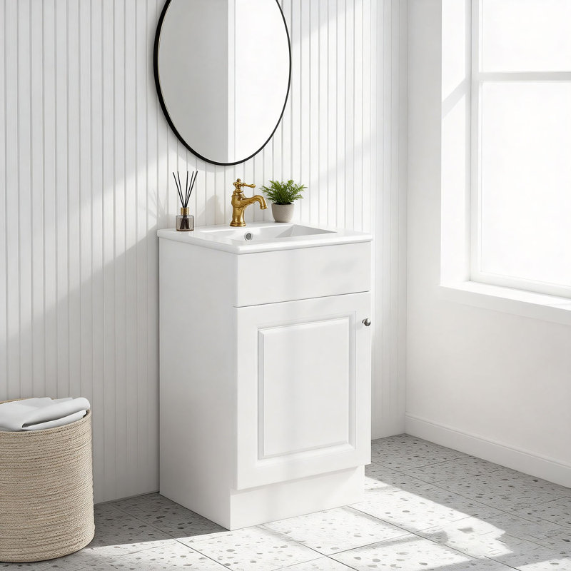 Ensemble de meuble-lavabo simple autoportant de 18 po avec plateau en céramique, ensemble de meuble-lavabo sur pied avec 1 porte et 1 tablette réglable