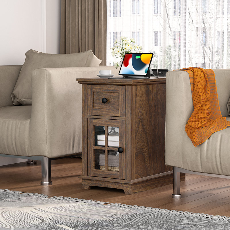 Dark Walnut Rectangular End Table Set with Storage and Charging Station