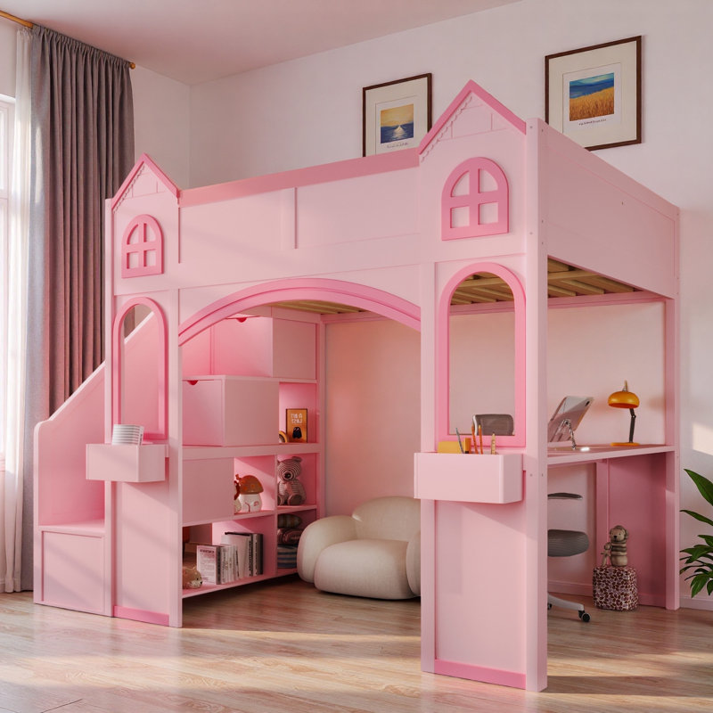 Lit mezzanine en bois avec escalier de rangement, bureau, tablettes et éclairage à DEL Wood Castle, Pink