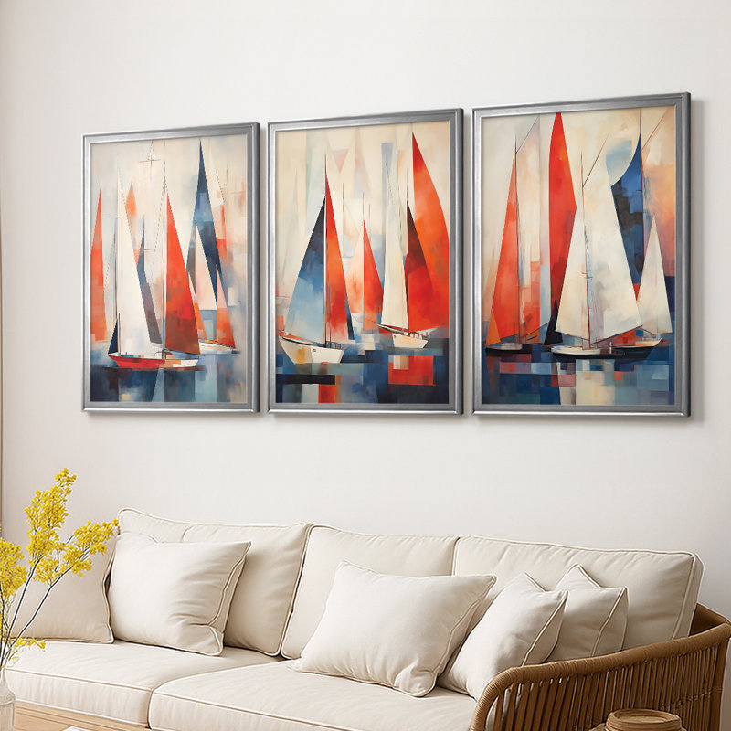 NAUTICAL Series CDVII - Toile tendue avec châssis sur mesure - 3 pièces, H 19 po x l 45 po, Argent argent