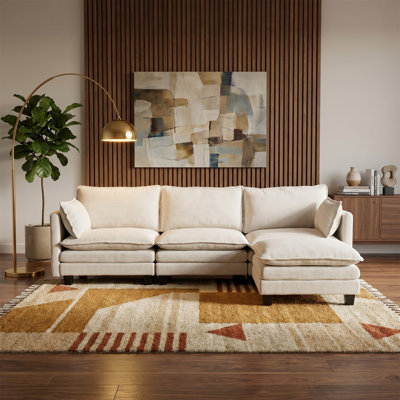 Canapé 3 places avec repose-pieds autonome, revêtu de tissu chenille doux, avec ports USB intégrés et poches de rangement latérales, canapé modulaire, style scandinave moderne, beige